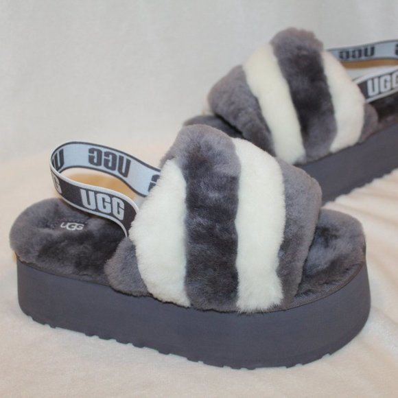 NIB UGG WOMEN'S DISCO WEDGE STRIPED SHEARLING‎ SLIPPER SANDALS - Picture 1 of 6